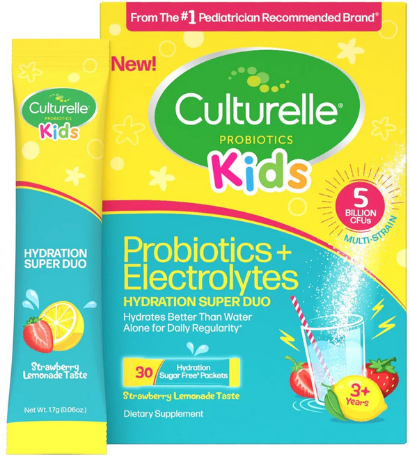 컬처렐 키즈 프로바이오틱 + 전해질 하이드레이션 슈퍼 듀오 스트로베리 레모네이드 테이스트, 1.7g