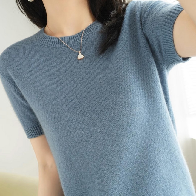 보슈 여성 베이직 라운드 반팔 니트 봄 기본 니트티