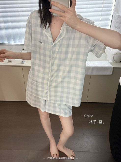 SONGFEI CHIC 女款撞色開衫涼感冰皮睡衣套裝