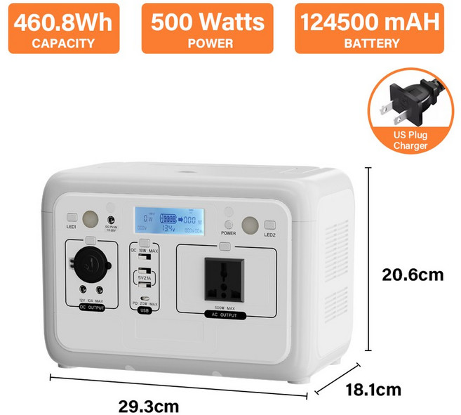 500W 휴대용 파워스테이션 전원 파워 가정용 RV500W 배터리 캠핑 플랜트 비상 460 8WH 발전기 태양광 LIFEPO4 야외 에너지, 220V용, 500W US Charger