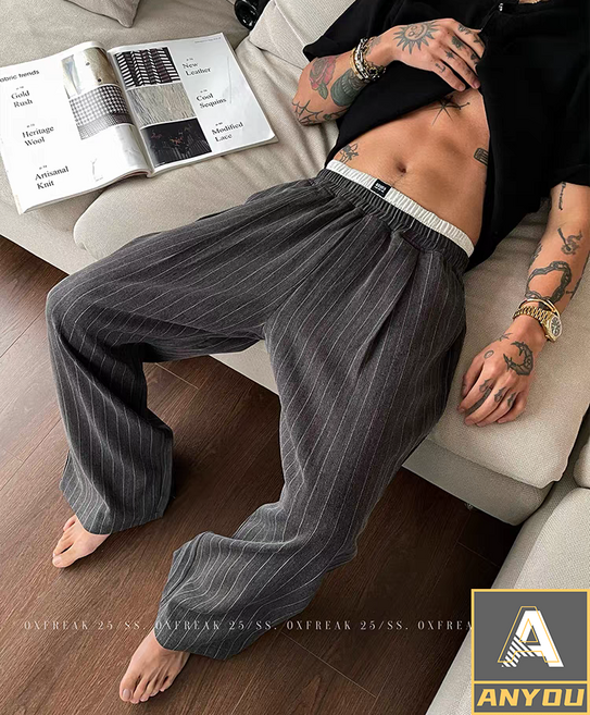 ANYOU 남성 스트라이프 와이드 팬츠 루즈 핏 팬츠 가을 팬츠