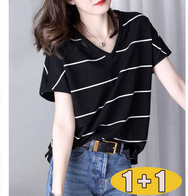 WEIHAN 2P 빅사이즈 여성 여름 단가라 V넥 반팔 티셔츠 루즈핏 캐주얼 베이직 편한 반팔티