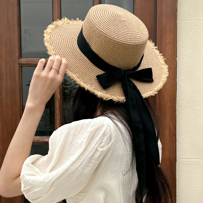 블루씨티 페더리 리본 보터햇 휴양지 라탄 여름 밀짚 모자