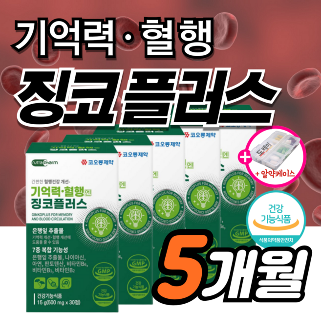 징코 플러스 기억력 혈행 개선 에 좋은 맥스 은행잎추출물 혈관 부모님 수험생 징코 50대 민 40대 선물 식약청 식약처 집중력 청소 여성 남성 뇌 빌로바 +도레미잡화점 약케이스, 5세트, 30회분