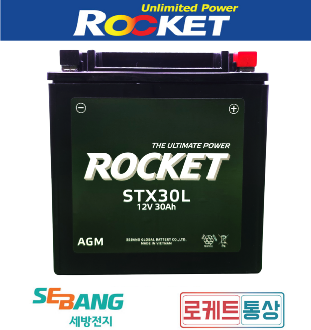 로케트 STX30L-BS 12V30Ah 할리투어링 폴라리스 ATV 로드 글라이드 BIX30L YTX30L AGM배터리, 1개