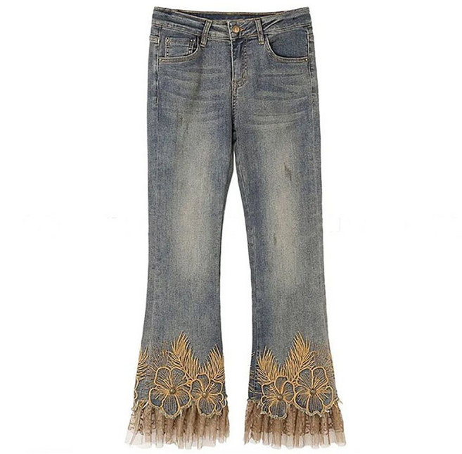셀럽당 여성 청바지 패션 자수 봄가을 하이웨스트 중공업 자수 바지