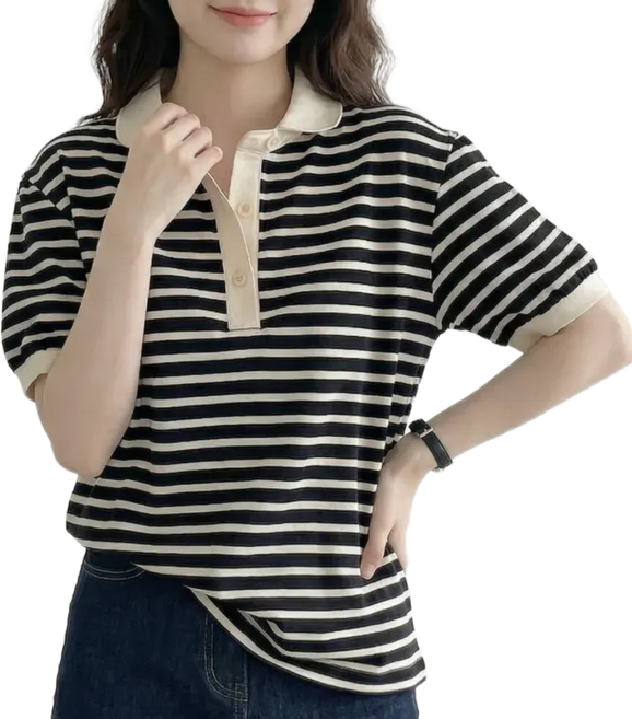 바이로이 여성 스트라이프 카라 스판 반팔 티셔츠