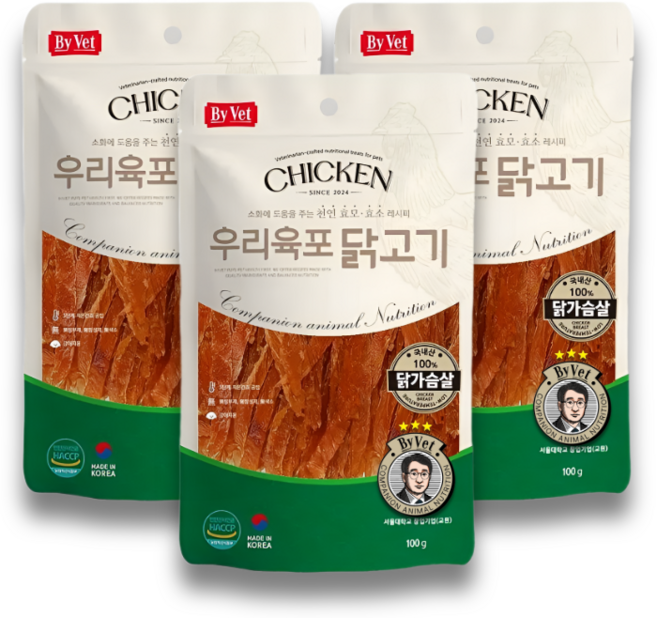 국내산 우리육포 강아지 간식, 닭가슴살, 100g, 3개
