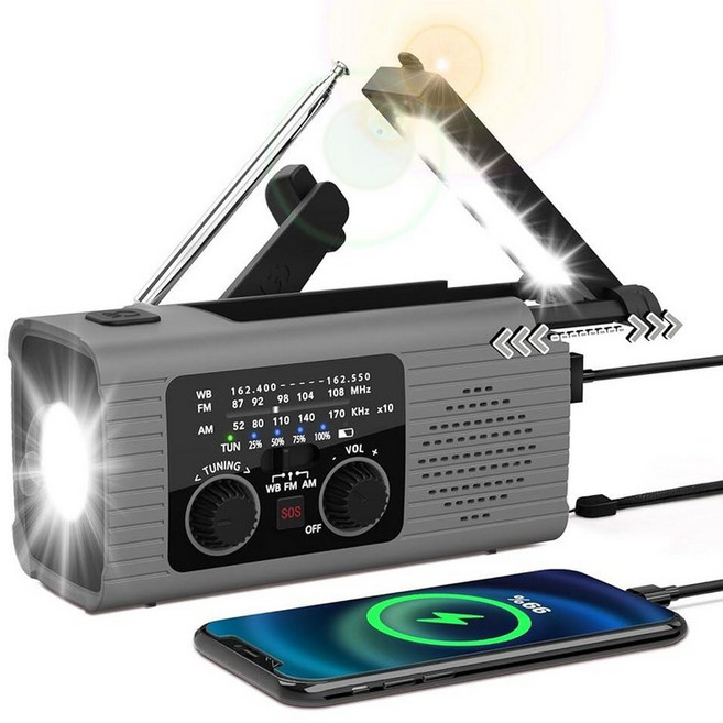 NITIGO 비상 기상 라디오 4000mAh NOAA 기상 경보 라디오 태양열 충전 핸드 크랭크 및 USB 충전 AM/FM LED 손전등 포함 독서 램프 SOS 알람, 회색