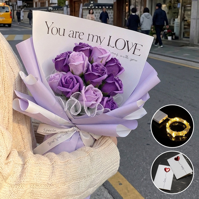 VELNIO 시들지않는 비누꽃다발 LED 장미 로즈부케 졸업선물 기념일 선물 리본포장, 1개, 퍼플