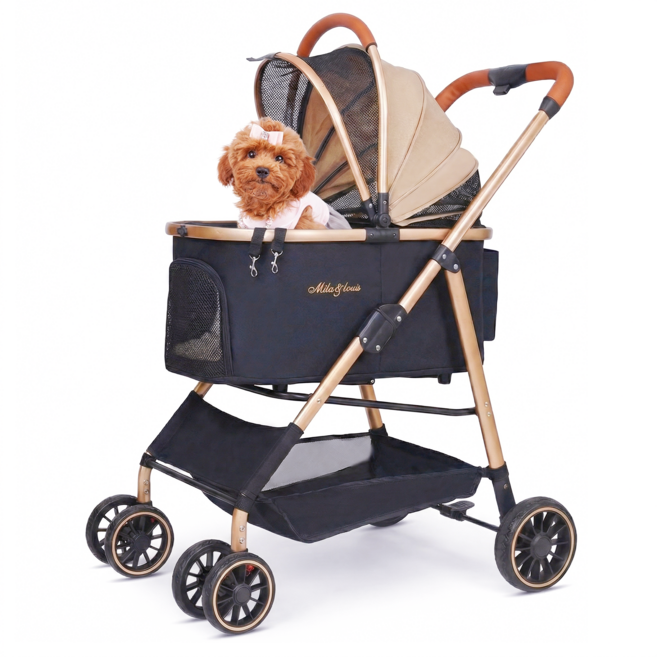 MILA&LOUIS 2026최신 강아지 유모차 애견유모차 원터치 퀵폴딩 강아지유모차 분리형 프리미엄 소중형견 접이식 개모차, 골드, 1개, 업그레이드 초경량
