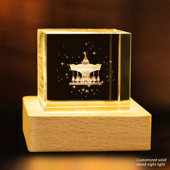 크리스탈 문진 오브제 라이트 받침대 포함 북스토퍼 책갈피 조명 수면등 무드등 선물, 회전목마