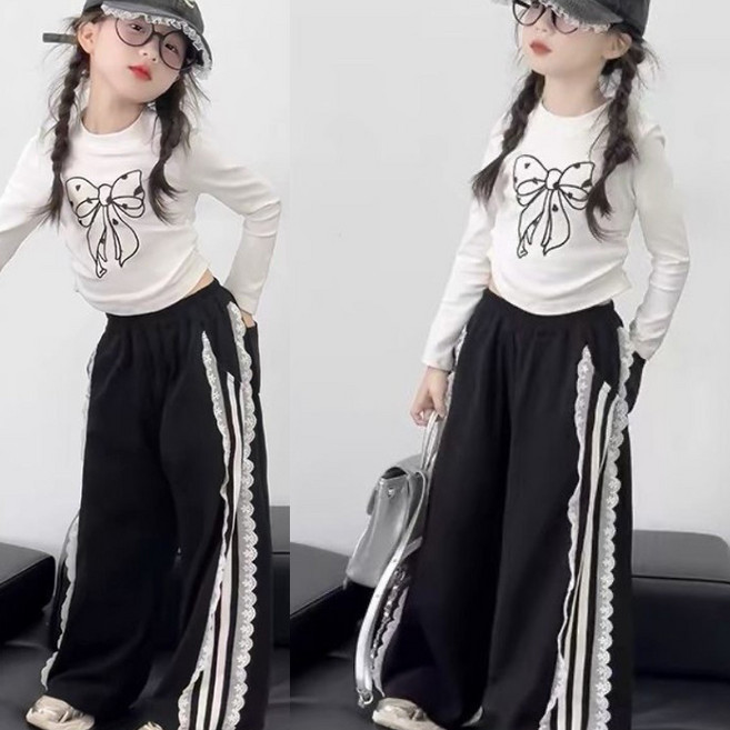 [앙디] F상하복 레이스니리본 (FE141) / (리본긴팔티셔츠+아일렛프릴바지)_(아동복 의류 여아용 봄 가을 상하세트 편안한츄리닝바지 주니어 초등학생 중학생 초딩중딩 )