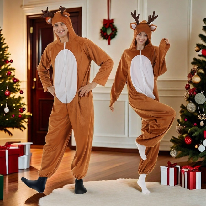 크리스마스 루돌프 코스프레 점프슈트 산타 사슴 남자 여자 코스튬