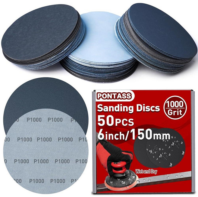 PONTASS 15.2cm(6인치) 50피스 습식 건식 샌딩 디스크 후크 앤 루프 320 400 600 800 1000 그릿 방수 사포 실리콘 카바이드 랜덤 궤도 샌더용 205