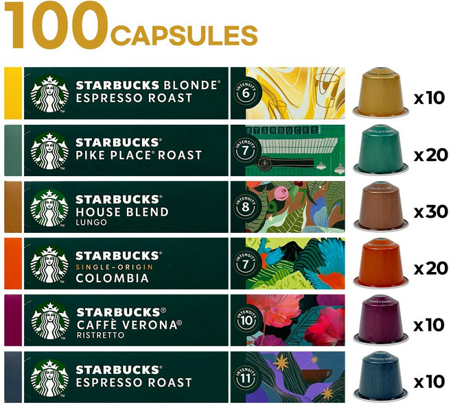 스타벅스 네스프레소 캡슐 커피 100캡슐 블론드10캡슐 파이크20캡슐 하우스30캡슐 콜롬비아20캡슐 베로나10캡슐 에스프레소10캡슐, 10개입