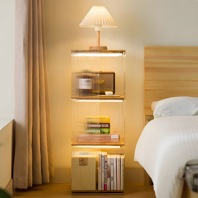 쇼넷 투명 아크릴 회전 책장 360도 다용도 북타워 서재 침대 거실, 우드, 4단