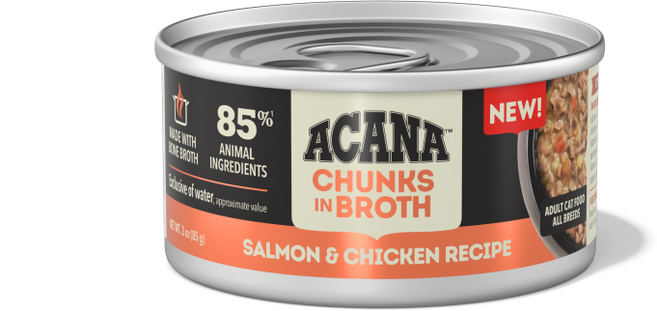 아카나 청크 인 브로스 연어 치킨 레시피 전연령 고단백 그레인프리 습식캔, 1개, 85g, 닭+연어
