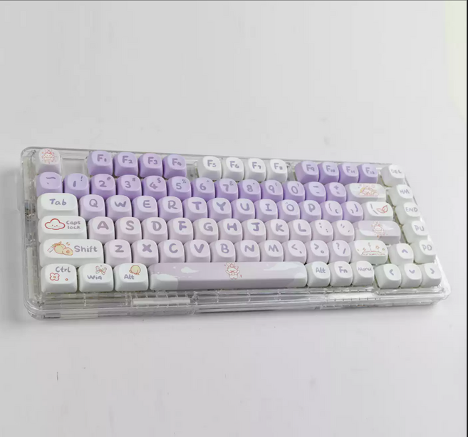 귀여운 기계식 키보드 키캡 한글 영문 각인 PBT 염료승화캐릭터 키캡 MOA 프로파일 MX 스위치 호환 61/64/68/87/96/104/108 배열 키보드 지원, 공용, 보라 토끼