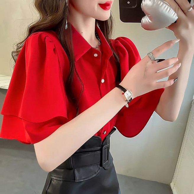 VVRR 여성 프릴소매 카라 버튼 디테일 러플 숄더 반팔 블라우스 루즈핏 데일리 코디 트렌디 아이템 A0060914