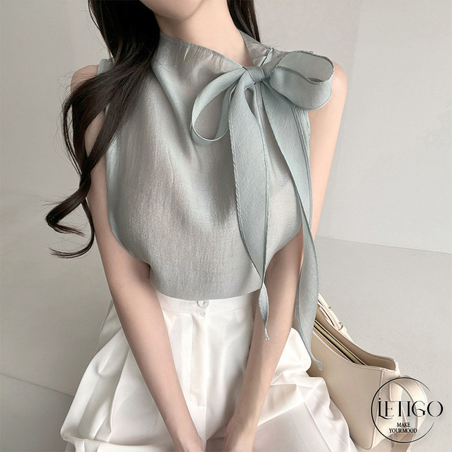레티고 실키 봄 여름 하객룩 리본 타이 쉬폰 민소매 블라우스