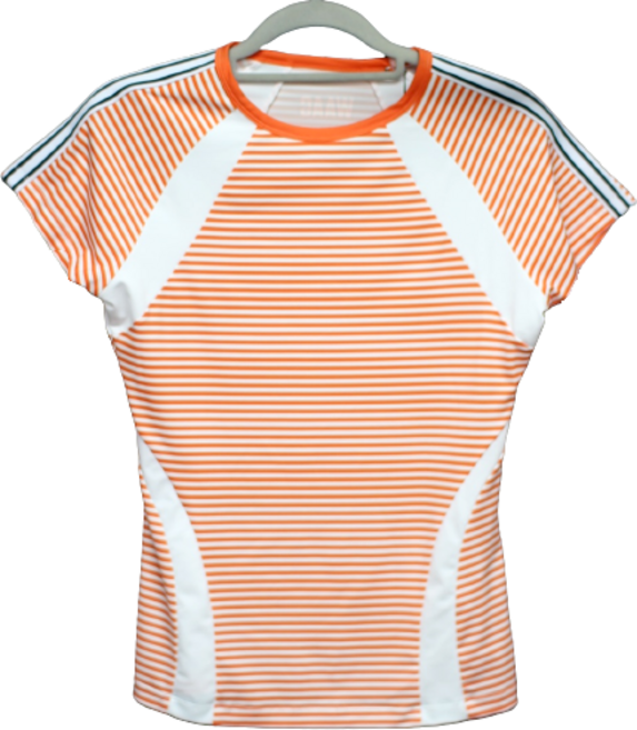 코오롱 왁 여성 하절 스트라이프 민소매 반팔티 오렌지 경량 신축성 우수 라운드넥 라운딩 골프티