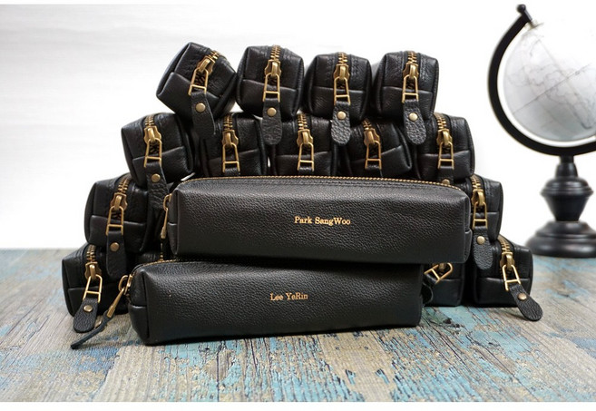 (무료이니셜) 가죽필통 대학생 중학생 선물용 펜파우치 럭스레더 수제사각필통, 1개, 검정색슈렁큰(대)