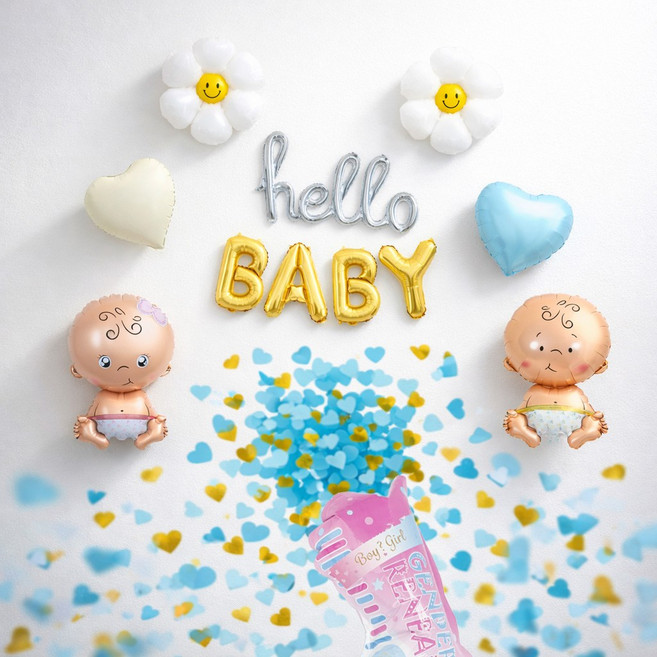 해피제이니 안녕 아가야 젠더리빌 데이지 하트 베이비 샤워 풍선 세트, 1세트, 젠더리빌 블루폭죽세트