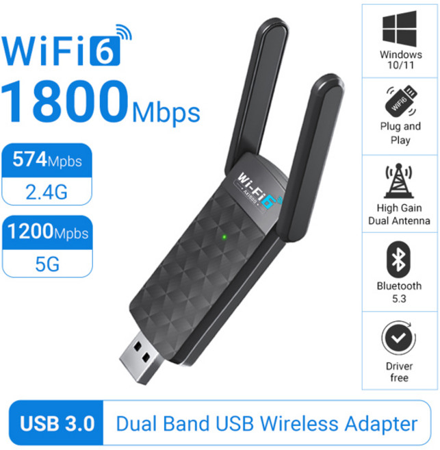 WALRAM 1800Mbps WiFi 6 USB 어댑터 듀얼 밴드 2.4G/5GHz 무선 수신기 3.0 BT5.3 PC 용 동글 네트워크, 02 Bluetooth 5.3, 1개