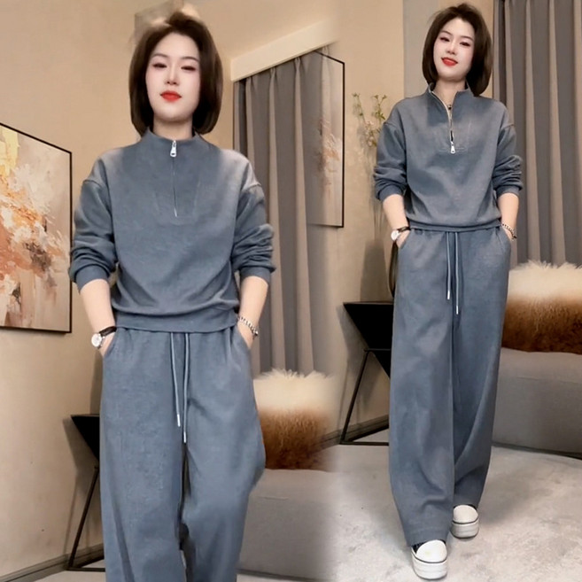 POMTOR 여성 긴팔 반집업 루즈핏 맨투맨 캐주얼 트레이닝복 세트 바지+상의 투피스