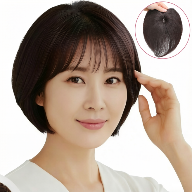 Novah 내츄럴 여성용 정수리 가발 17cm 100% 인모 부분가발 탈모 커버 투핀, 1개, 블랙