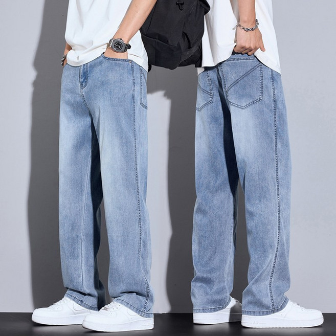 wassup 남자 여름 청바지 산뜻하고 얇은 스판 와이드 텐셀 청바지 빅 사이즈 남자 바지