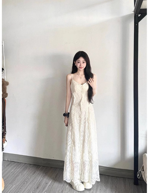 DIU 法式蕾絲吊帶連衣裙子女裝新款夏季小個子溫柔收腰氣質仙女裙, XL