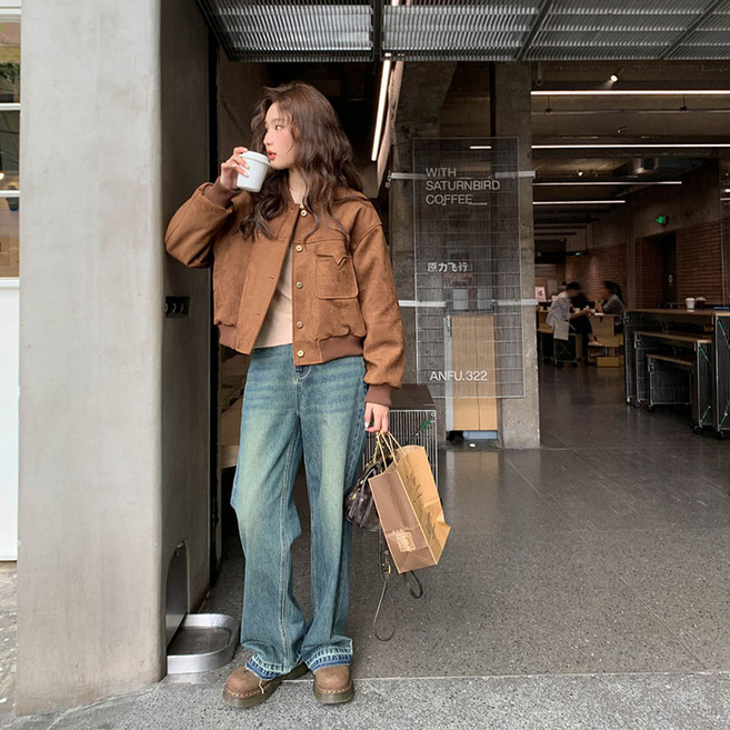 AOKADA 여성 봄 가을 오버핏 스웨이드 야구 점퍼 바이크 아우터