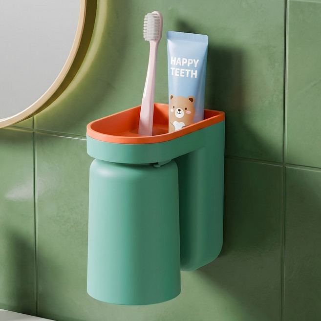 이지레벤 무타공 거꾸로 양치컵 칫솔 홀더 세트, 1세트, 그린