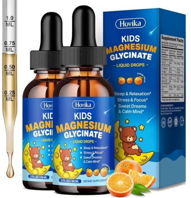어린이용 마그네슘 글리시네이트 액상 2개 세트 L테아닌 오메가3 비타민 B6 D3 아연 포함 차분함 어린이 드롭 오렌지 맛, 2 Fl Oz (Pack of 2) - 쿠팡