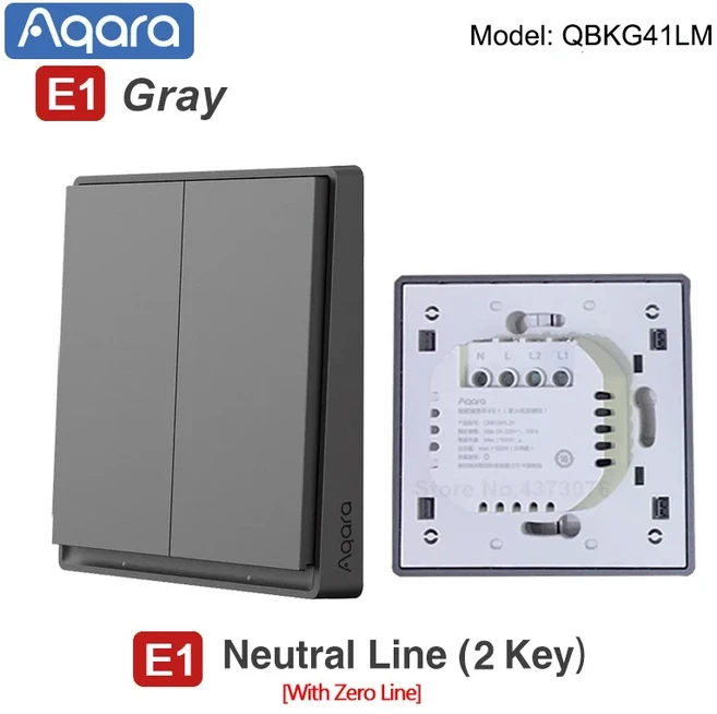 올스토어 Aqara 스마트 벽 스위치 E1 버전 무선 Zigbee 3.0 중립 하나의 키 원격 제어 Mi Home APP, 01 빠른, 02 Neutral 2Key Gray