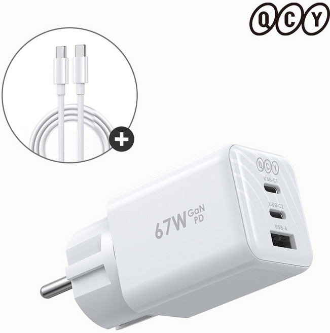 QCY GaN 67W 접지 초고속 C타입 멀티 충전기 3포트, 화이트 + C to C 고속 케이블 1m 증정, 1개