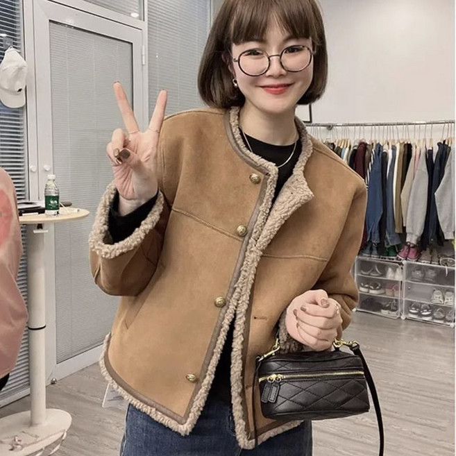 여성 골든 버튼 두툼 양털 안감 무스탕 자켓 겨울 기모 보온 스웨이드 자켓 점퍼 코트