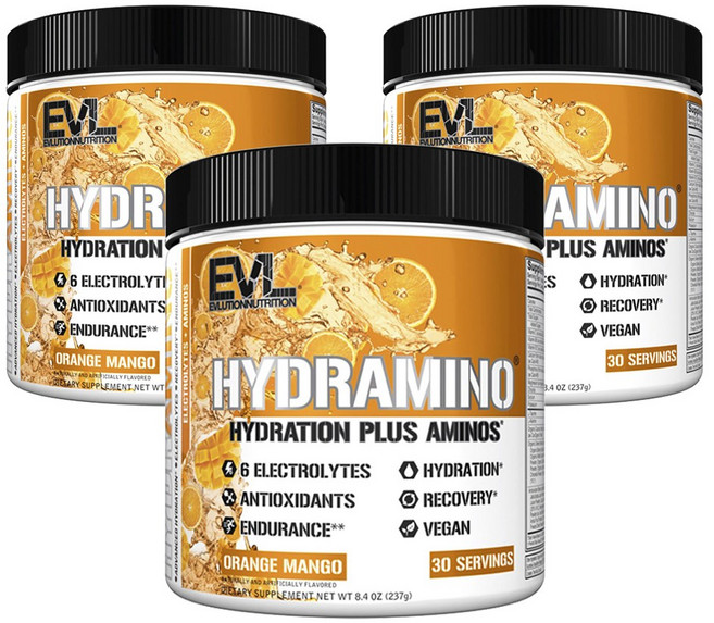 EVLUTIONNUTRITION 하이드로아미노 하이드레이션 플러스 아미노 오렌지 망고 맛, 3개, 237g