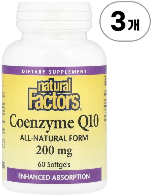 내추럴 팩터스 코엔자임 Q10 200mg Natural Factors Coenzyme Q10 200 mg 60정, 3개 - 쿠팡