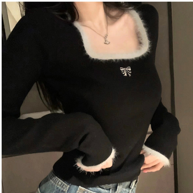 여성 스퀘어넥 리본 슬림핏 긴팔 티셔츠