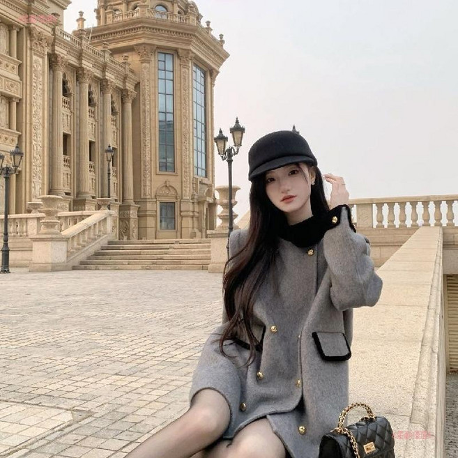 新款加棉加厚法式氣質呢子大衣 寬鬆顯瘦毛呢秋冬外套女