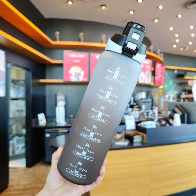 夏季運動水瓶 刻度漸變色磨砂彈跳蓋便攜水壺 1000ml, 黑蓋漸變, 1套