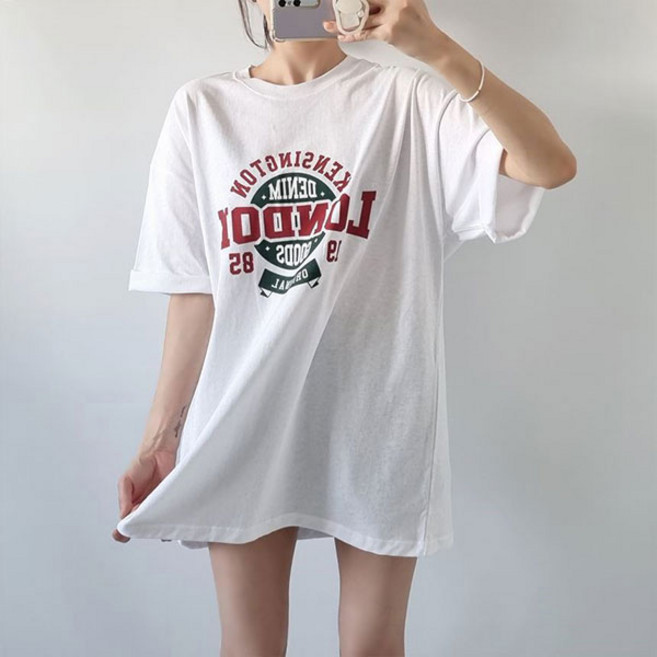 루즈핏 런던1985 레터링 박스 반팔티셔츠 오버핏 빅사이즈 롱티 레터링 라운드 박스티