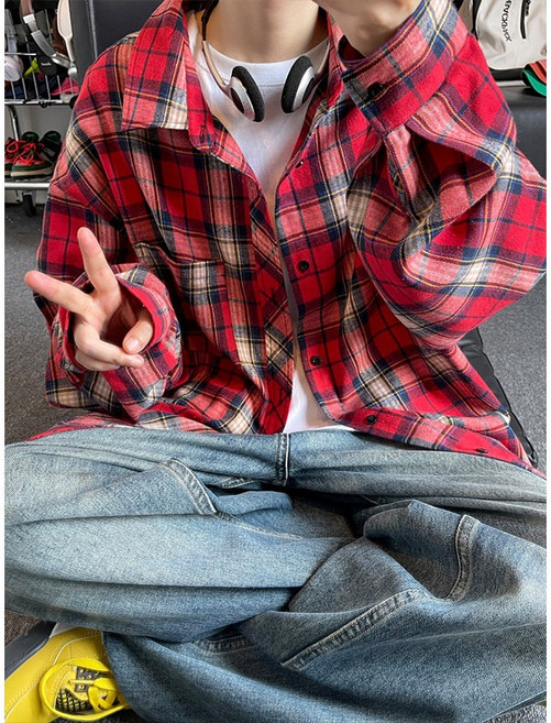 牛仔很忙格子加加厚長袖寬鬆休閒襯衫