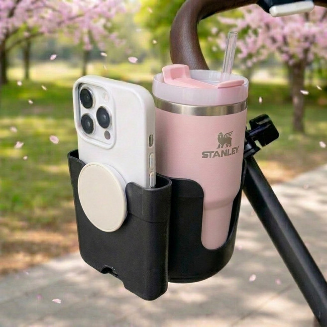 베리블루 두손이 자유로운 유모차 컵홀더 핸드폰 거치대, 1개, 블랙