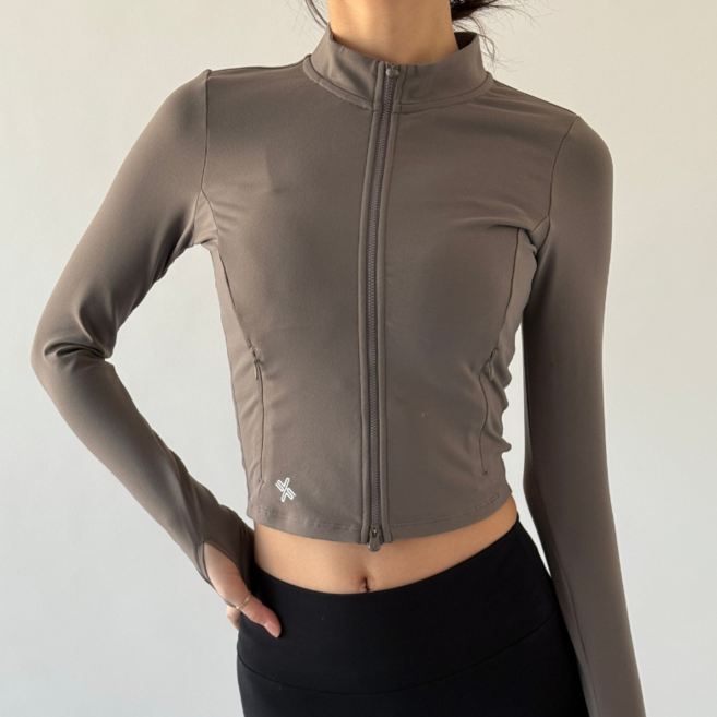 젝시믹스 여성 크롭 집업 자켓 스탠드넥 긴팔 썸홀 요가복