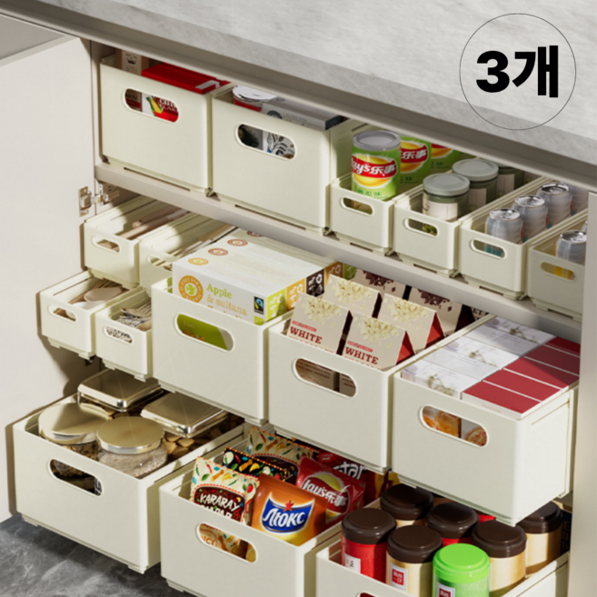 피에스컴퍼니 길이조절 슬라이딩 수납정리함, 3개, 아이보리