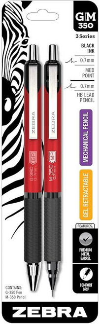 Zebra Pen G-350 + M-350 필기 세트 2팩 블랙 잉크 및 연필심 0.7mm 미디엄 포인트 레드 프리미엄 메탈 배럴 젤 펜 및 샤프 콤보 매끄러운 매칭